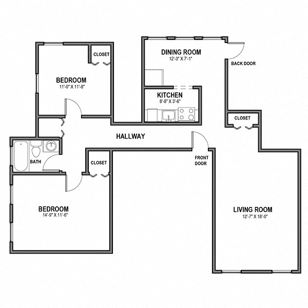 Floor plan for 2 beds, 1 bath, 870 sqft